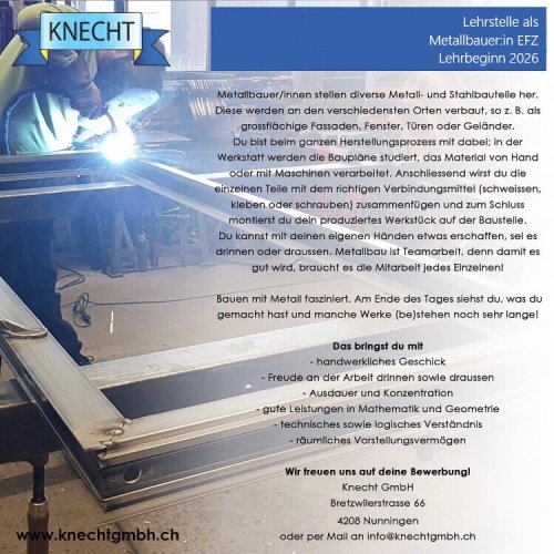Lehrstelle Metallbauer:in EFZ Lehrbeginn 2026